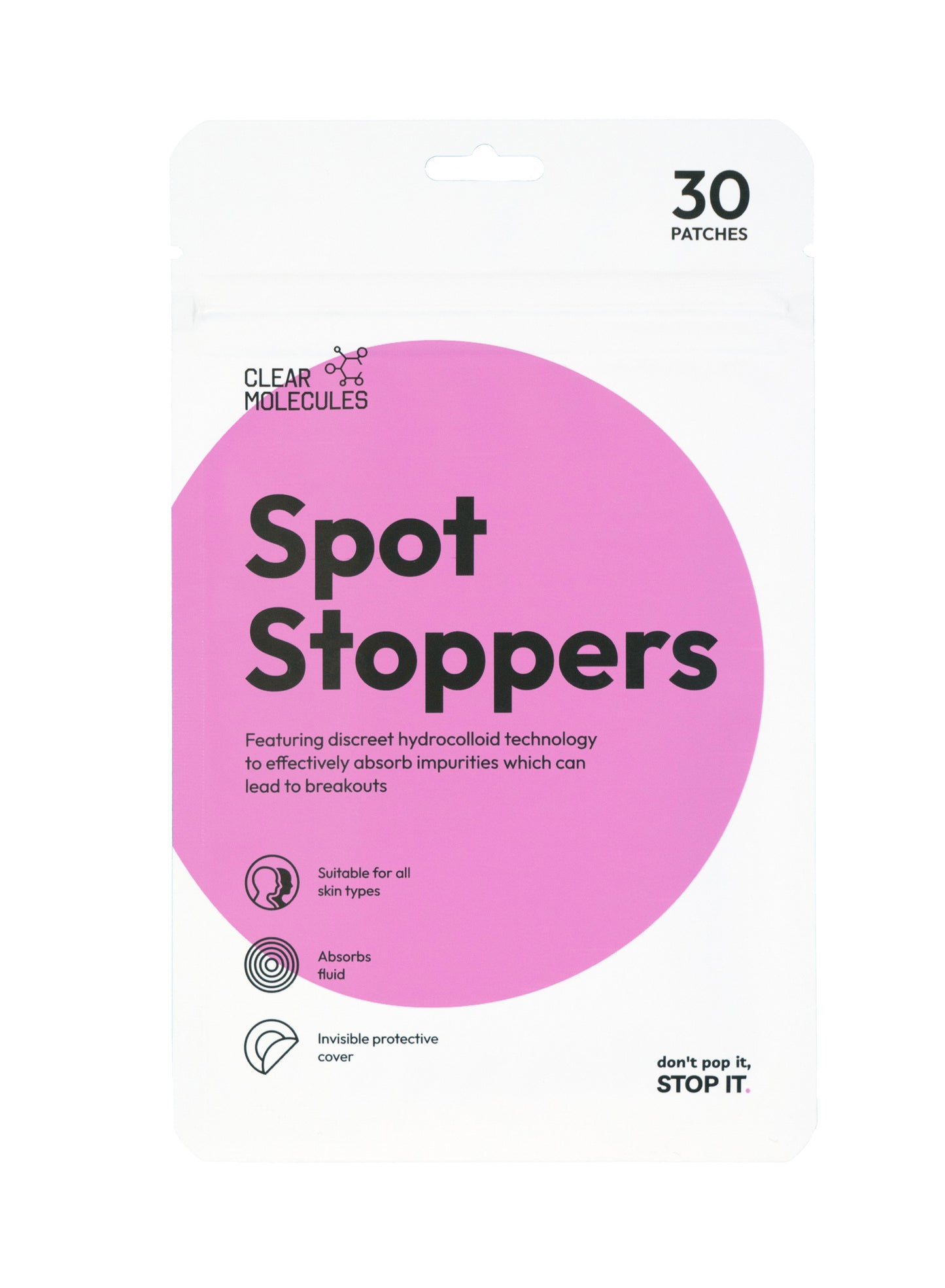 Clear Molecule Spot Stoppers - Hydrocolloid Patches- 12mm Bezelled- Pack of 30