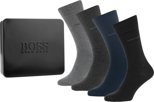 Hugo Boss Gift Set Gift Box 4 (Mixed Black, Blue, Greys) Pairs Mens Socks US 7-13, EU 40-46, UK 6-11