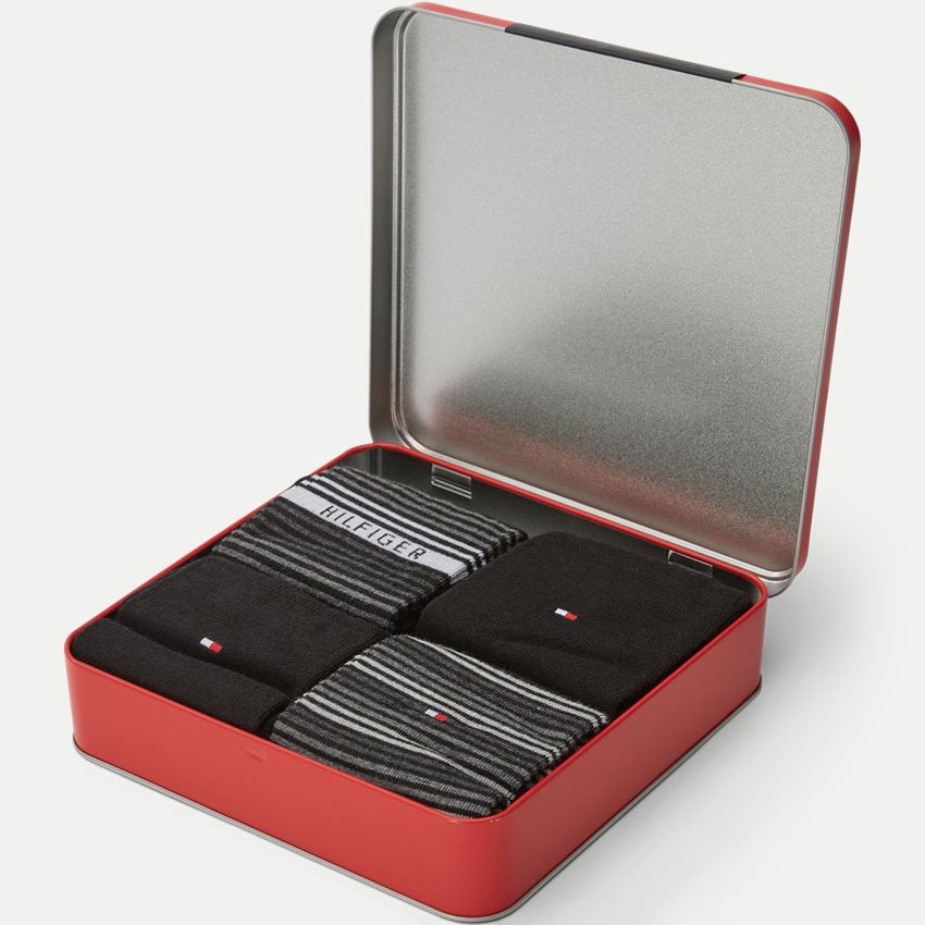 Tommy Hilfiger Mens Gift Set Red Gift Box Tin 4 Pairs Mens Socks US 7-12, EU 39-46, UK 6-11 - (Mixed Style Black Pairs)