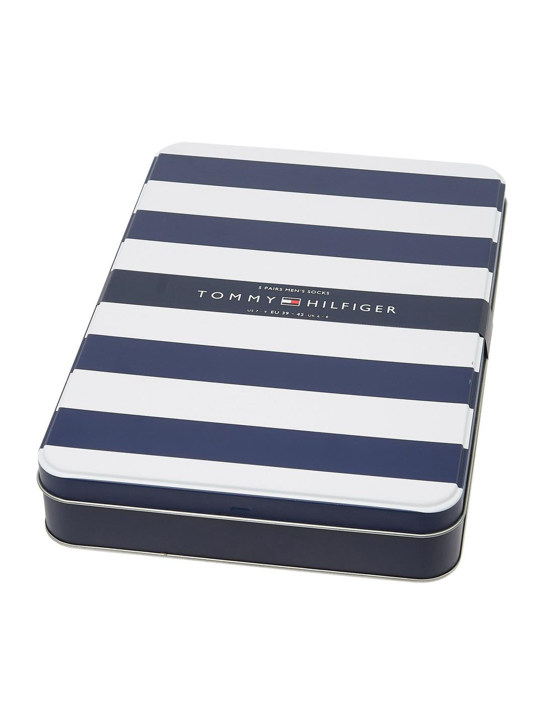 Tommy Hilfiger Mens Gift Set Blue Gift Box Tin 5 Pairs Mens Socks US 7-12, EU 39-46, UK 6-11 - (Mixed Style Black and Grey Pairs)