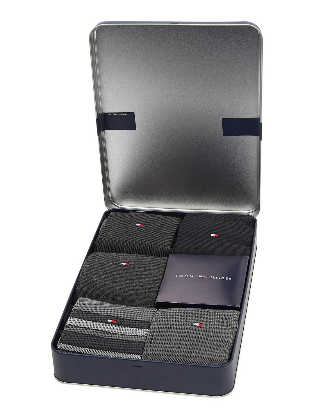 Tommy Hilfiger Mens Gift Set Blue Gift Box Tin 5 Pairs Mens Socks US 7-12, EU 39-46, UK 6-11 - (Mixed Style Black and Grey Pairs)