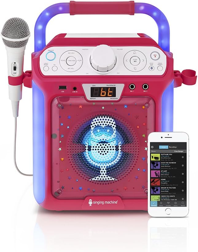 Singing Machine SML682BTP Bluetooth and CD Karaoke Machine with LED Lights and Microphone