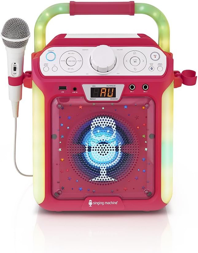 Singing Machine SML682BTP Bluetooth and CD Karaoke Machine with LED Lights and Microphone