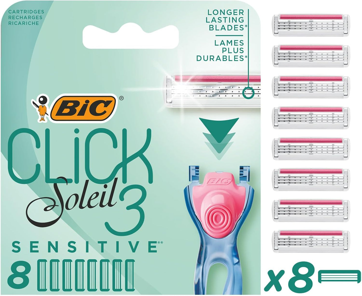 Bic Click 3 Soleil Sensitive Women's Razor Refills, 3 Moveable Blades and Lubricating Strip - Box of 8 Cartridges, Blue