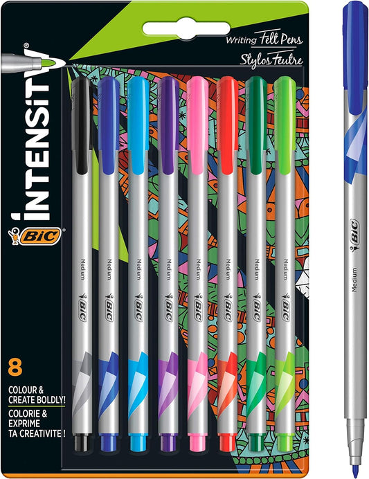 BIC Intensity Fineliner Medium Point Pen – Set of 8 Felt Pens, – Assorted Fashion Colours, No Bleed for Writing, Adult Colouring 978138