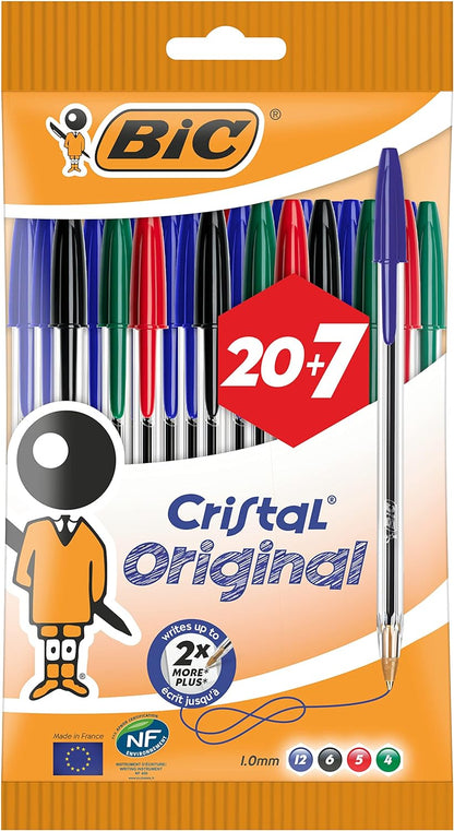 BIC Cristal Original Ballpoint Pens Medium Point (1.0 mm) Assorted Colours, Pouch of 20+7 (303914)