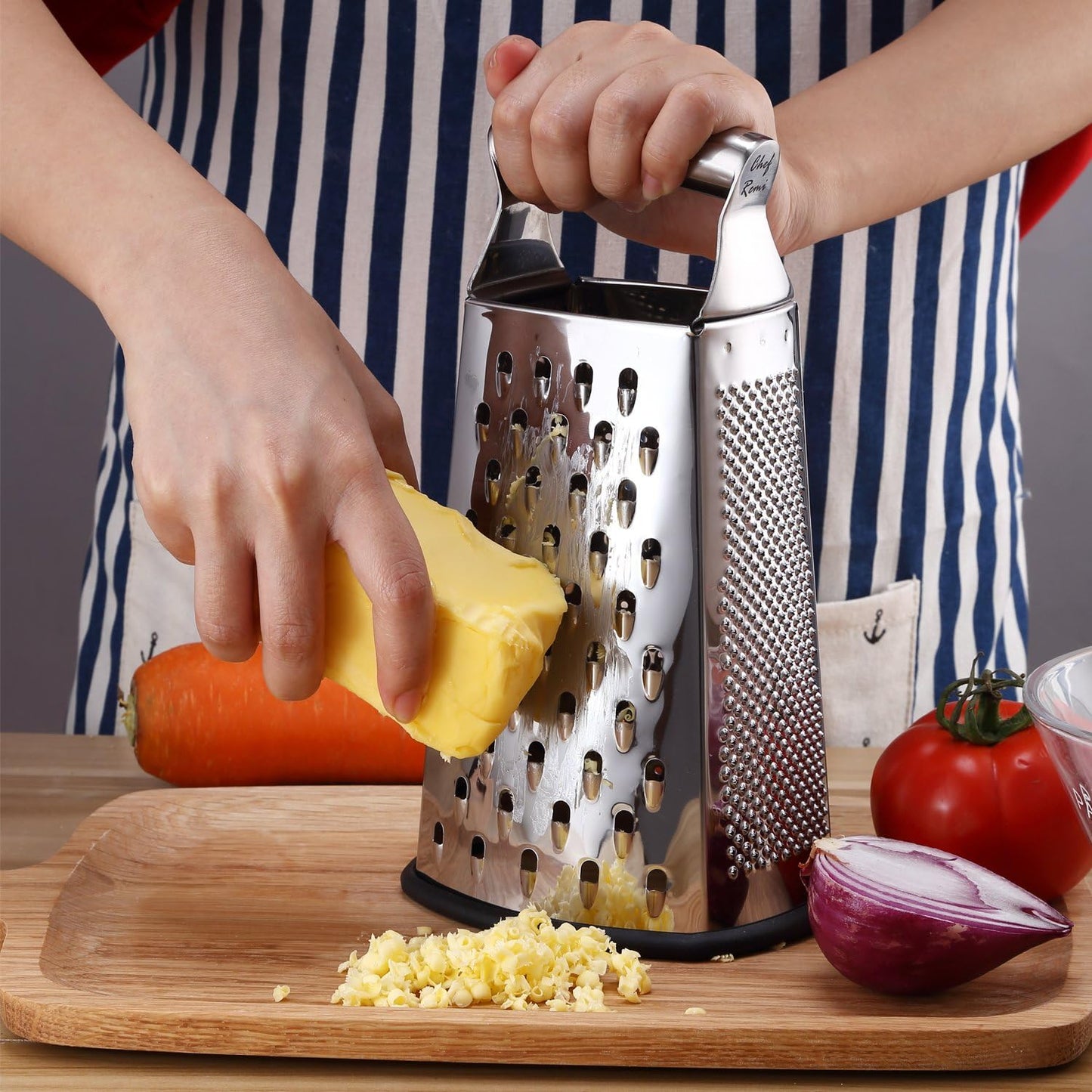 Chef Remi Food Grater | 4-Sided Blades Stainless Steel Cheese & Vegetable Grater