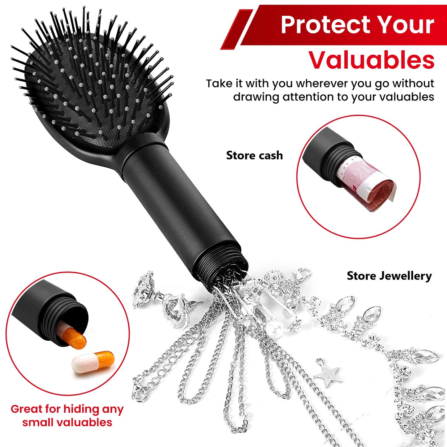 Generise 'Secret Stash' Hair Bristle Brush - Rubberised Handle (Black)