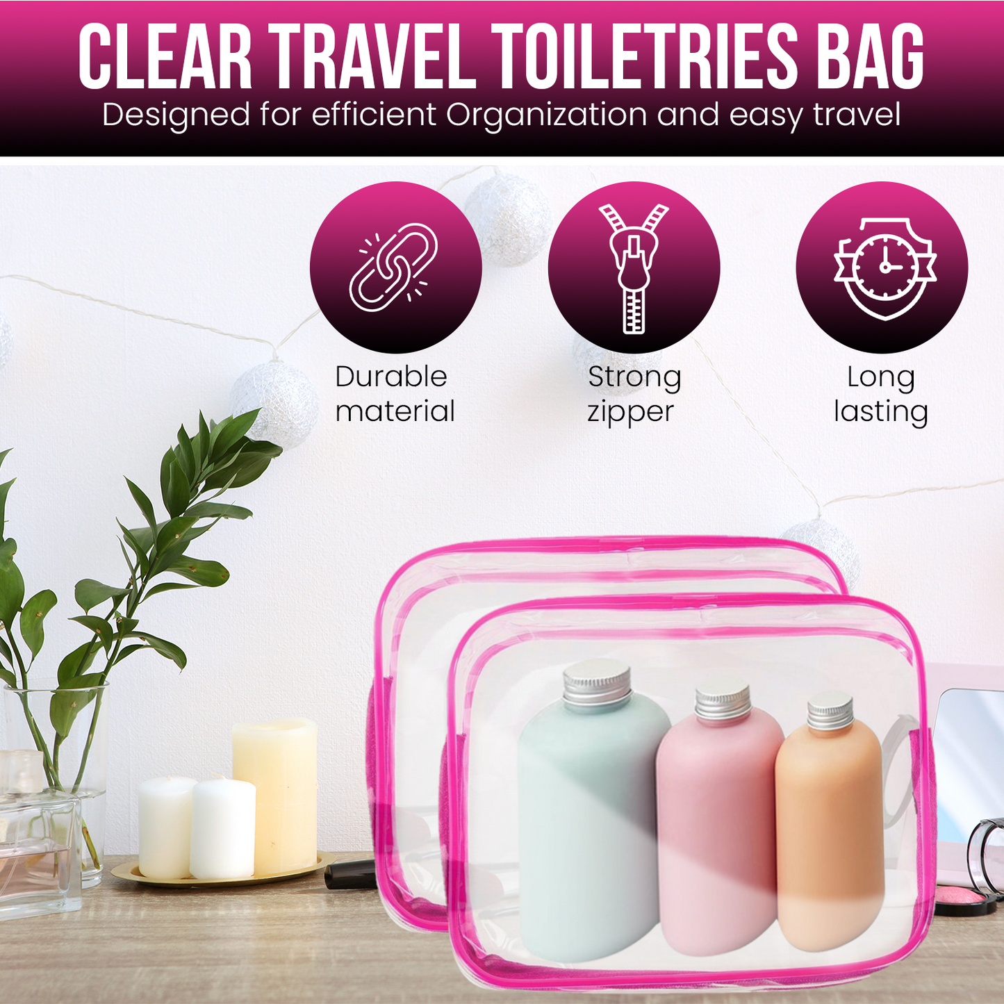 Glamza 2pc Clear Travel Bags Set - Pink or Black