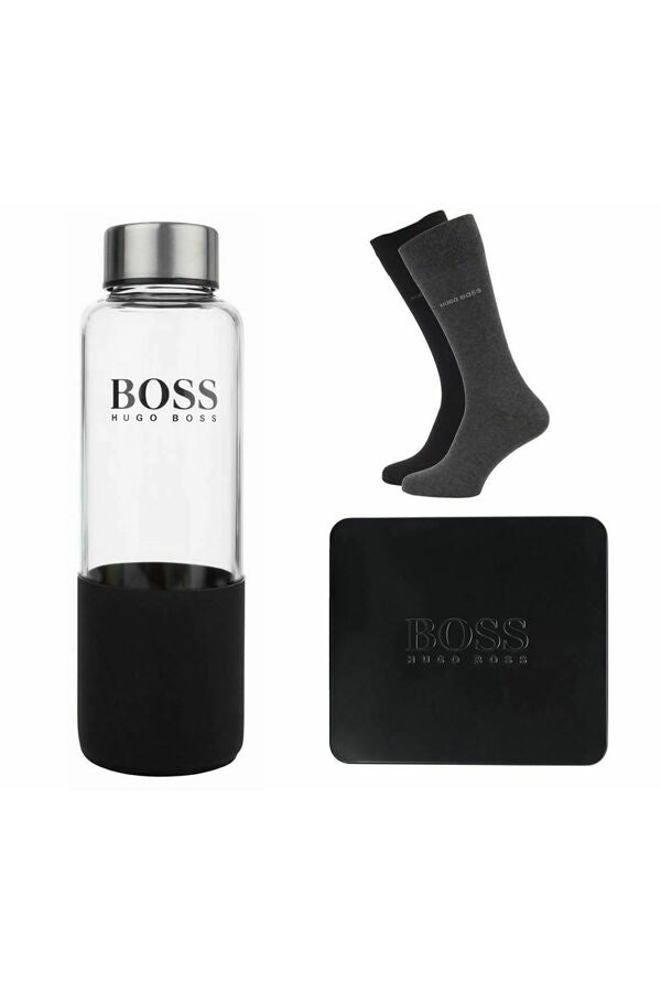 Hugo Boss Gift Set - 2 Pairs Mens Socks UK SIZE 6-11 (Grey and Black) with Water Bottle