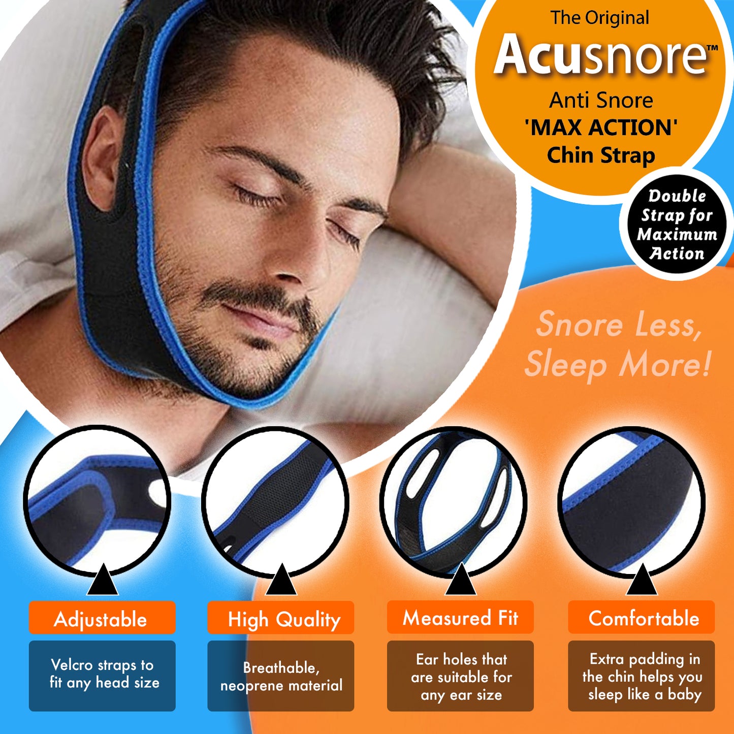 The Original Acusnore Anti-Snore Double Support "Max Action" Chin Strap – Advanced Snoring Solution for a Restful Night