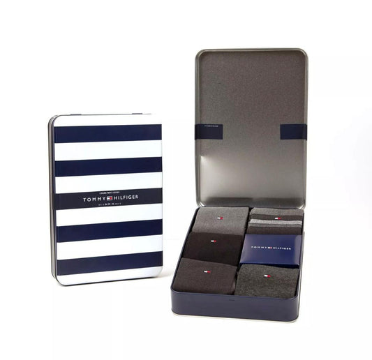 Tommy Hilfiger Mens Gift Set Blue Gift Box Tin 5 Pairs Mens Socks US 7-12, EU 39-46, UK 6-11 - (Mixed Style Black and Grey Pairs)