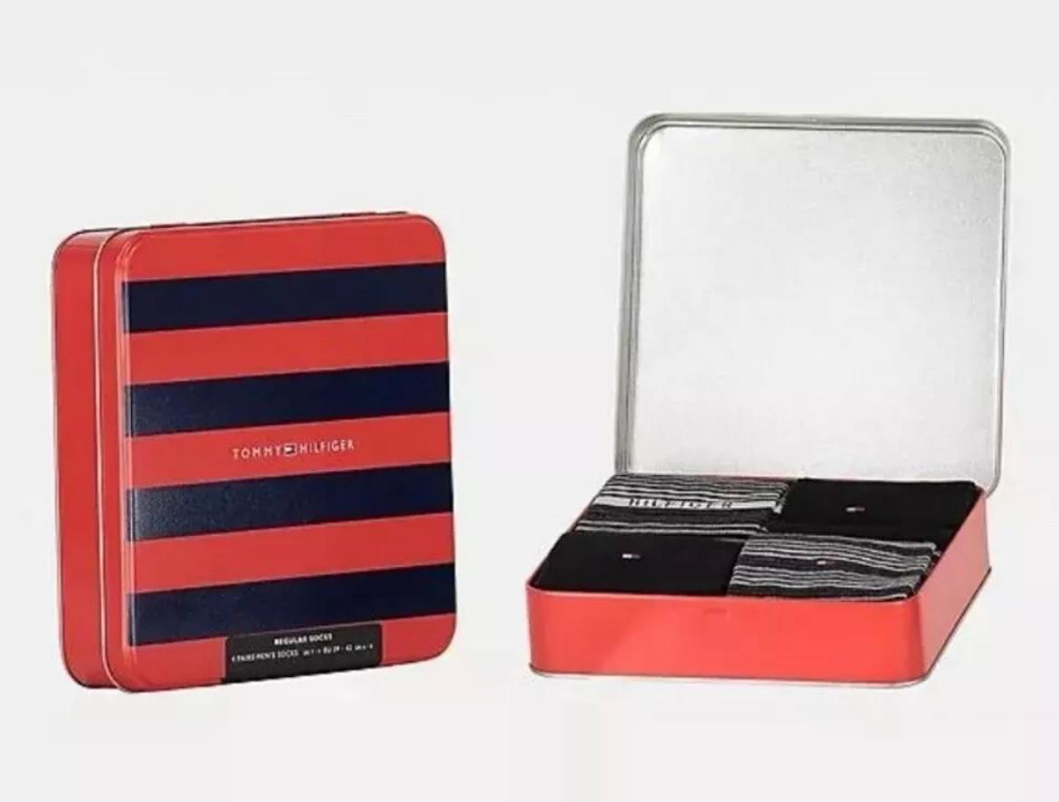 Tommy Hilfiger Mens Gift Set Red Gift Box Tin 4 Pairs Mens Socks US 7-12, EU 39-46, UK 6-11 - (Mixed Style Black Pairs)