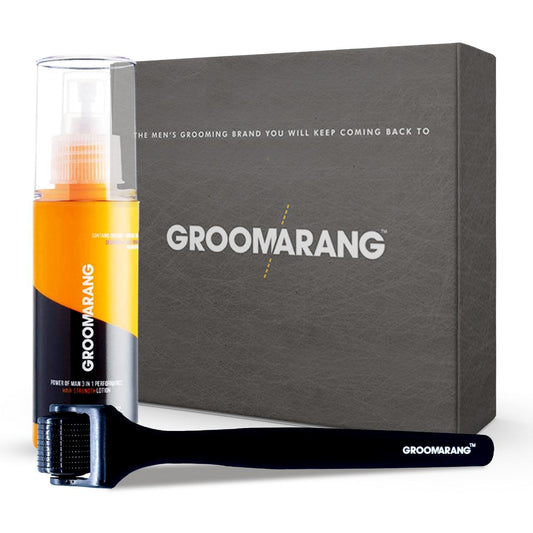 Groomarang 'Power of Man' Hair and Beard Growth Kit- Groomarang Power of Man 3 in 1 Performance 'Hairloss Prevention Lotion' 100ml + Groomarang 'Rock n Roll' Beard and Hair Growth Roller - 0.5mm