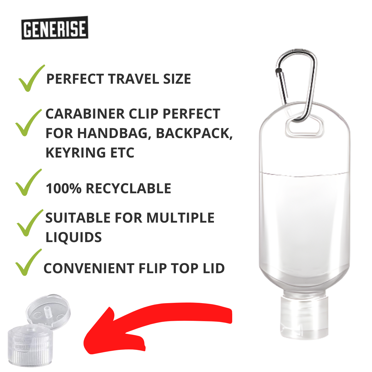 Generise 50ml Empty Bottle and Flip Lid Keyring With Hook