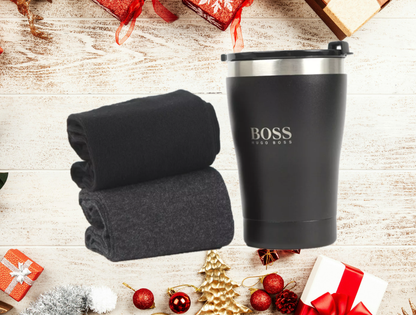 Hugo Boss Gift Set - 2 Pairs Mens Socks with Thermal Mug (UK Size 6-11)