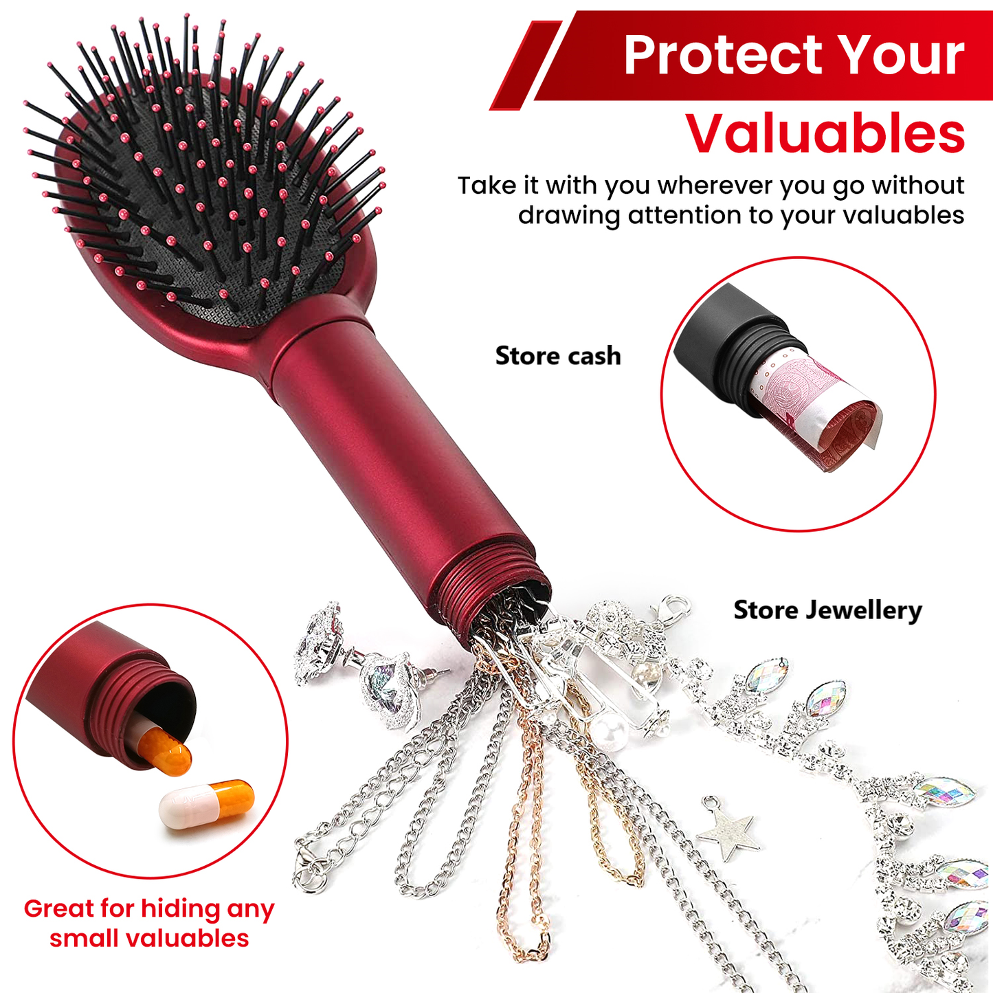 Generise 'Secret Stash'  Red Hairbrush - Rubberised Handle