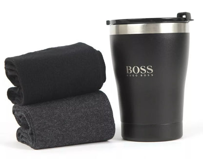 Hugo Boss Gift Set - 2 Pairs Mens Socks UK SIZE 6-11 (Grey and Black) with Thermal Mug