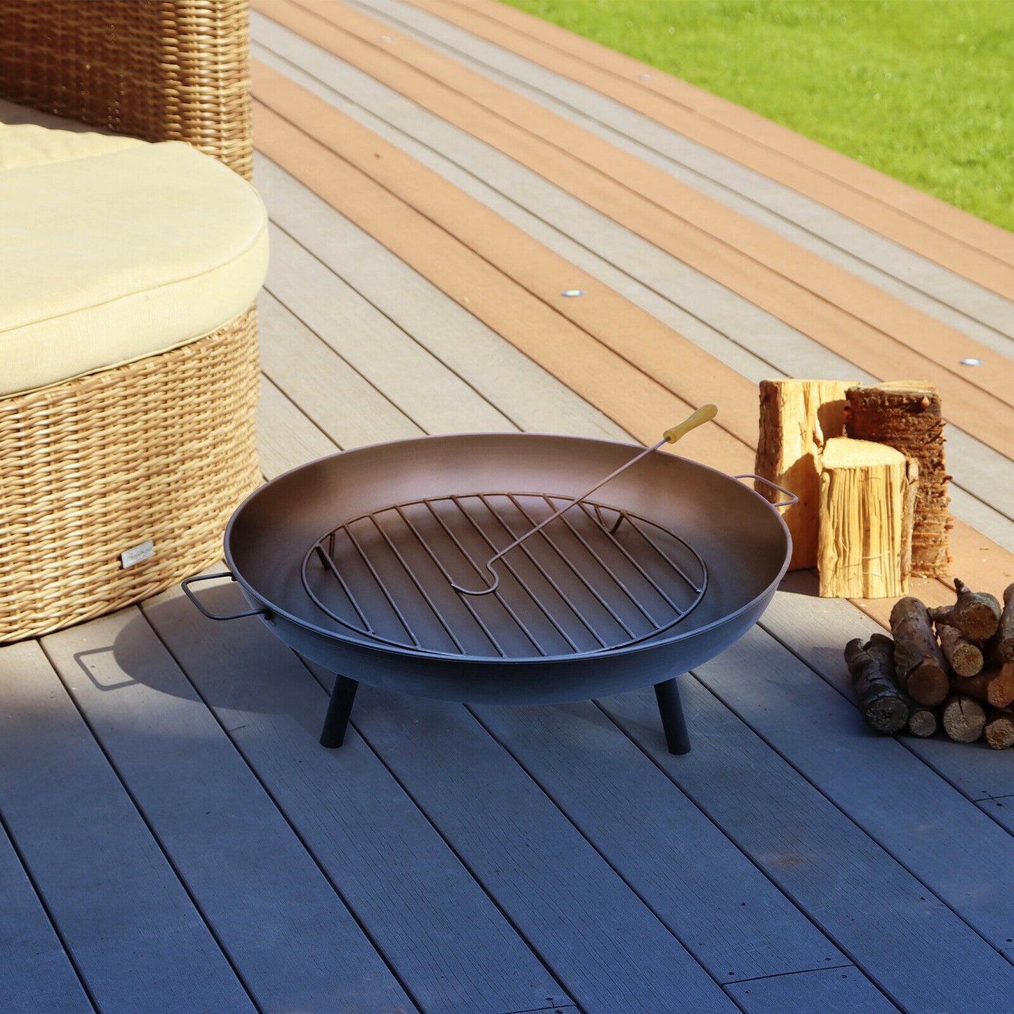 Generise XL 'Triblaze' Fire Pit - 84cm Wide x 30cm Height - Solid Steel With Grill & Iron Poker