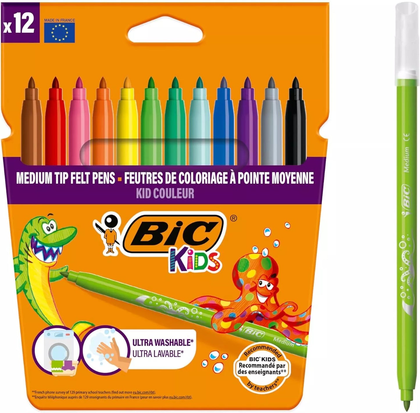 BIC Kids Kid Couleur Felt Medium Blocked Tip Colouring Pens - Pack of 12