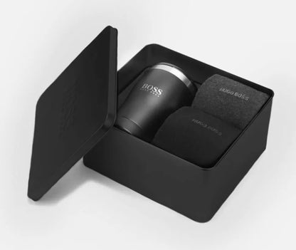 Hugo Boss Gift Set - 2 Pairs Mens Socks UK SIZE 6-11 (Grey and Black) with Thermal Mug