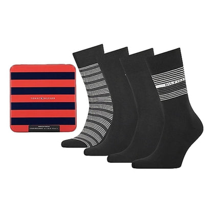 Tommy Hilfiger Mens Gift Set Red Gift Box Tin 4 Pairs Mens Socks US 7-12, EU 39-46, UK 6-11 - (Mixed Style Black Pairs)