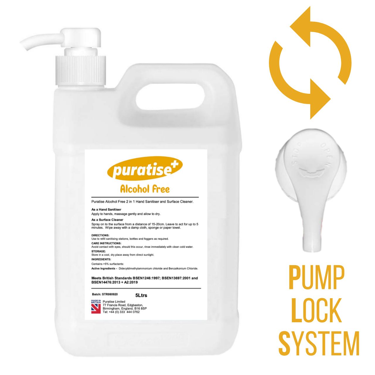 Puratise 5 Litre ALCOHOL FREE 2 in 1 Hand Sanitiser and Surface Cleaner with Pump to fit 38mm neck