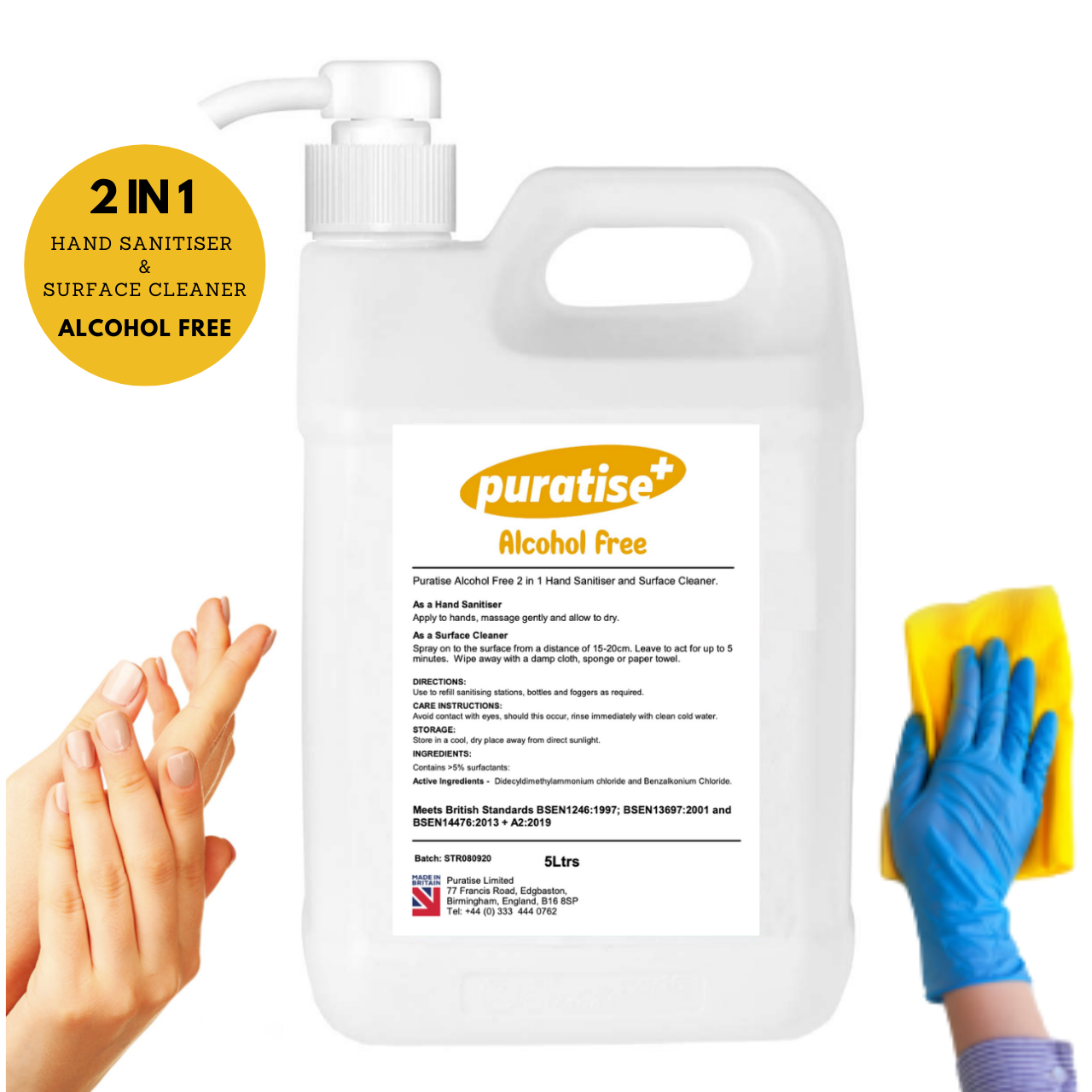 Puratise 5 Litre ALCOHOL FREE 2 in 1 Hand Sanitiser and Surface Cleaner with Pump to fit 38mm neck