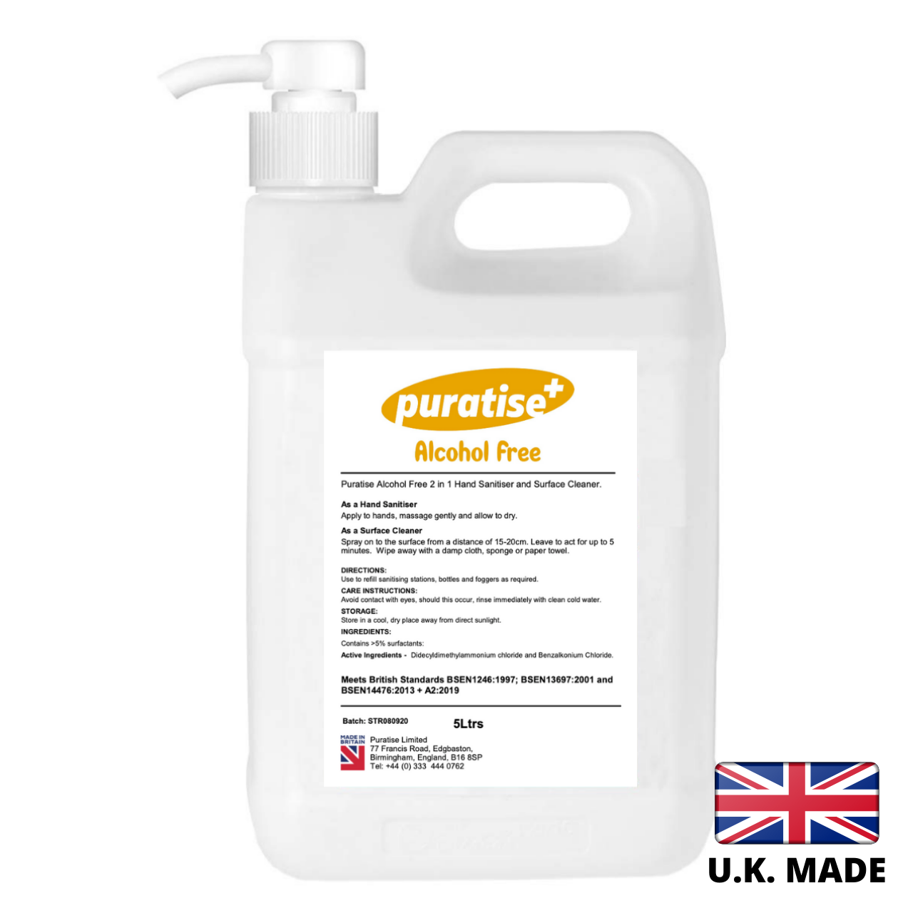 Puratise 5 Litre ALCOHOL FREE 2 in 1 Hand Sanitiser and Surface Cleaner with Pump to fit 38mm neck