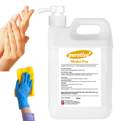 Puratise 5 Litre ALCOHOL FREE 2 in 1 Hand Sanitiser and Surface Cleaner with Pump to fit 38mm neck