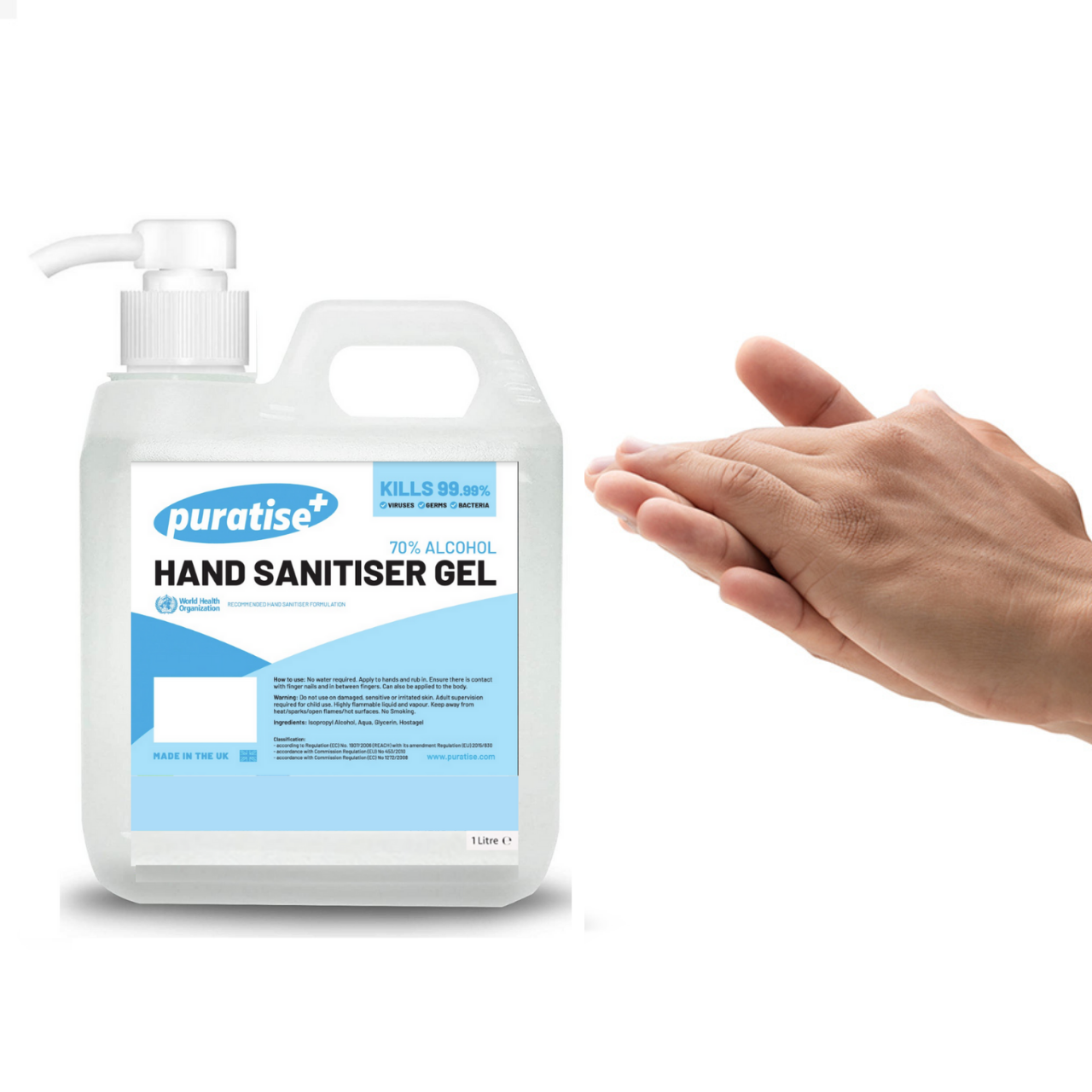 Puratise 1 Litre Hand Sanitiser Gel with Pump to fit 38mm Neck