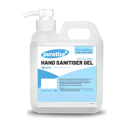 Puratise 1 Litre Hand Sanitiser Gel with Pump to fit 38mm Neck