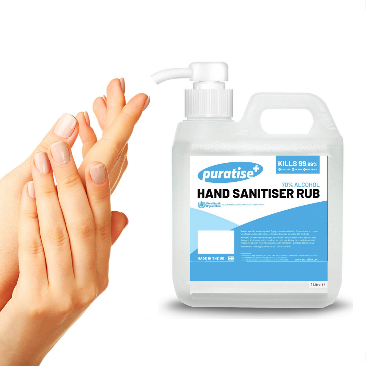 Puratise 1 Litre Hand Sanitiser Rub with Pump to fit 38mm Neck