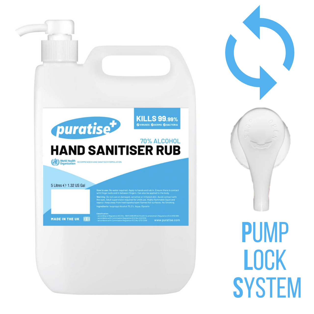 Puratise 5 Litre Hand Sanitiser Rub with Pump to fit 38mm Neck