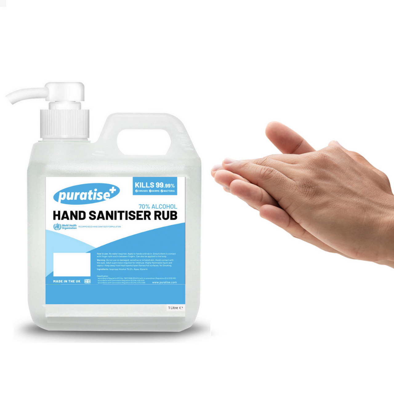 Puratise 1 Litre Hand Sanitiser Rub with Pump to fit 38mm Neck