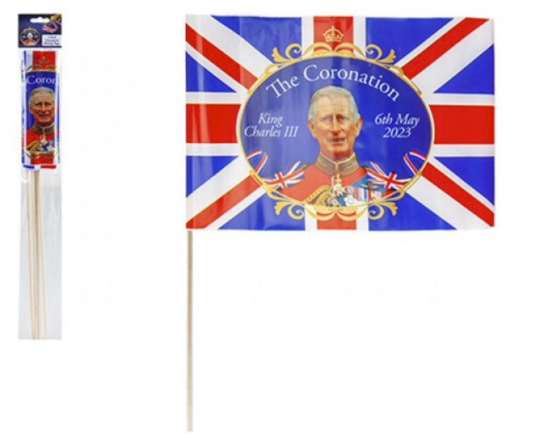 CORONATION 4PK 30X20CM WAVING FLAG WITH STICK