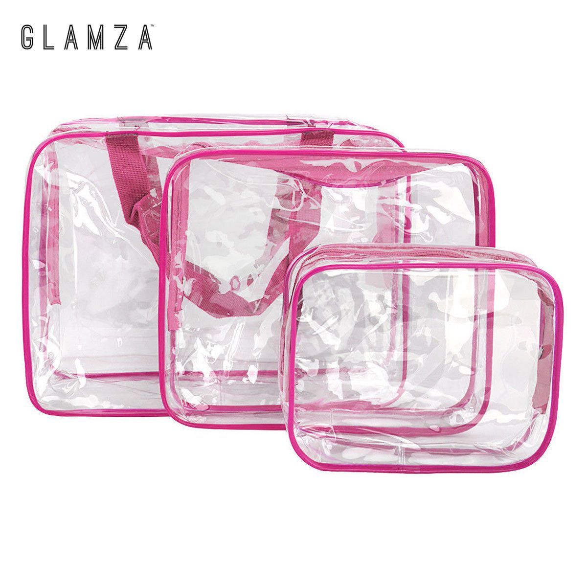 Glamza 3pc Clear Travel Bags Set - Pink or Black