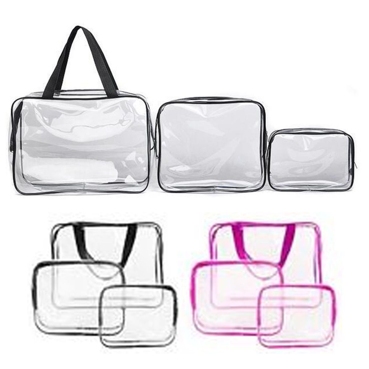 Glamza 3pc Clear Travel Bags Set - Pink or Black