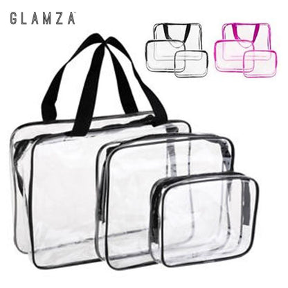 Glamza 3pc Clear Travel Bags Set - Pink or Black