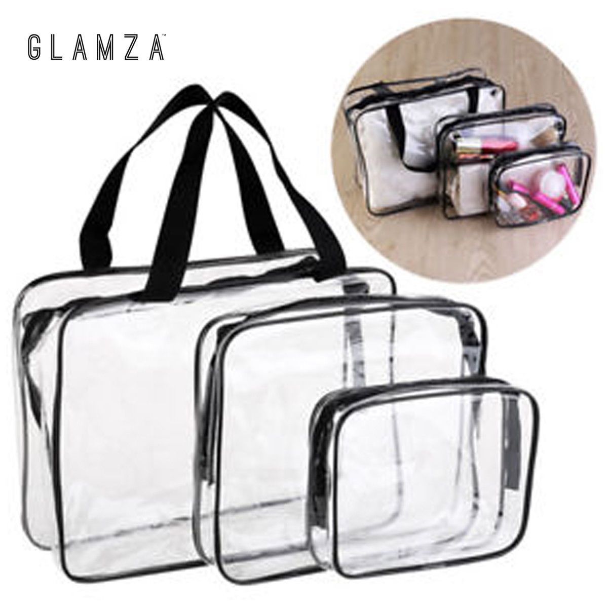 Glamza 3pc Clear Travel Bags Set - Pink or Black