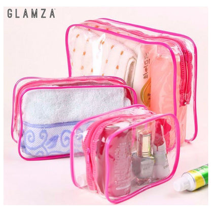 Glamza 3pc Clear Travel Bags Set - Pink or Black