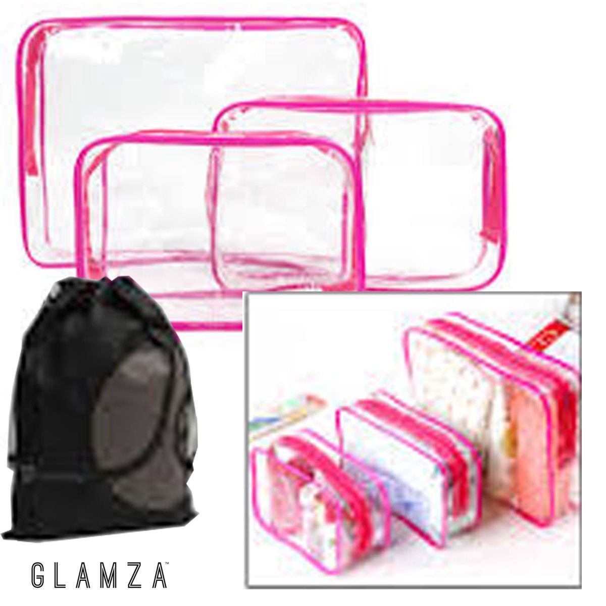 Glamza 3pc Clear Travel Bags Set - Pink or Black