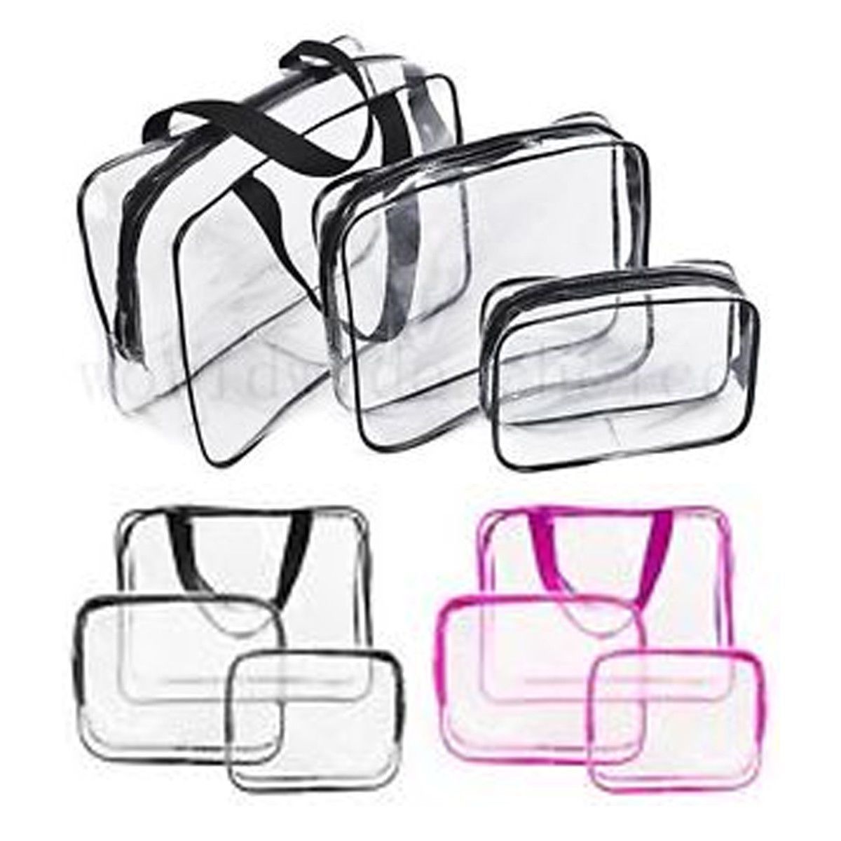 Glamza 3pc Clear Travel Bags Set - Pink or Black